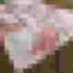 Ein pinker Tellerrock mit Flamingo- und Rosenmuster auf holzigem Untergrund.